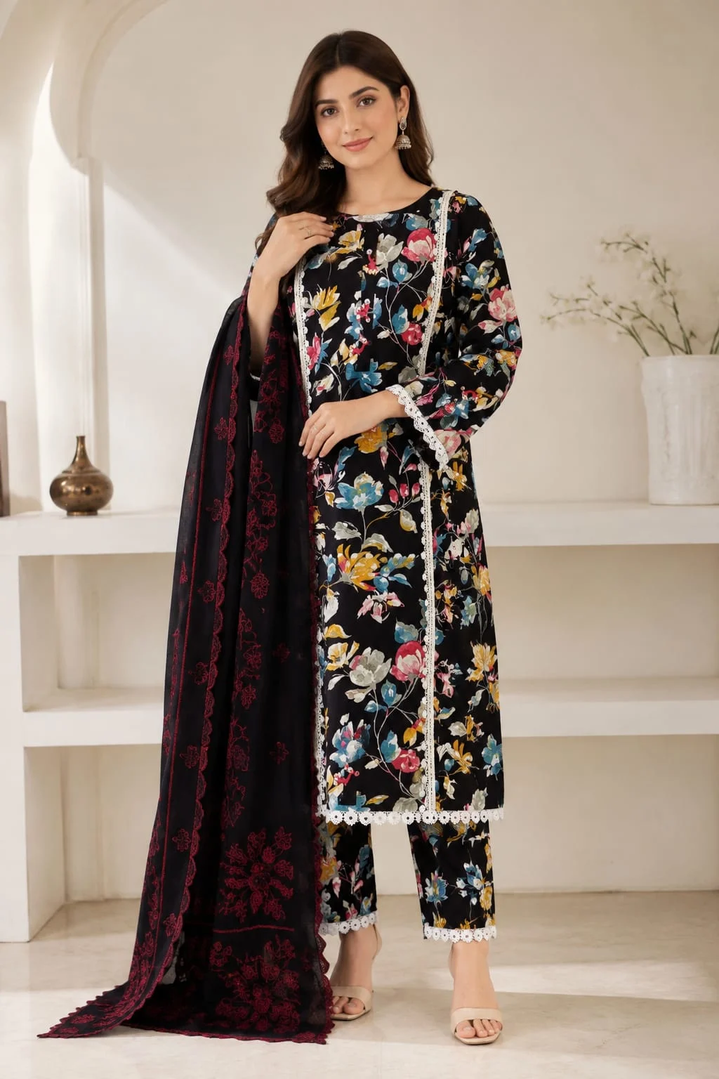 Midnight Bloom Lace Accent Suit Set