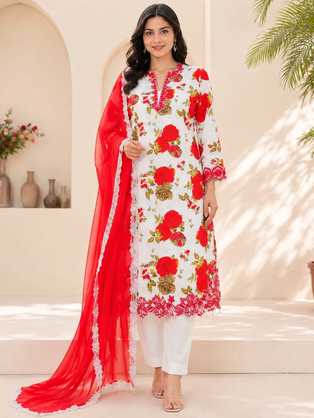 Roselle Bloom Embroidered Cotton Suit Set