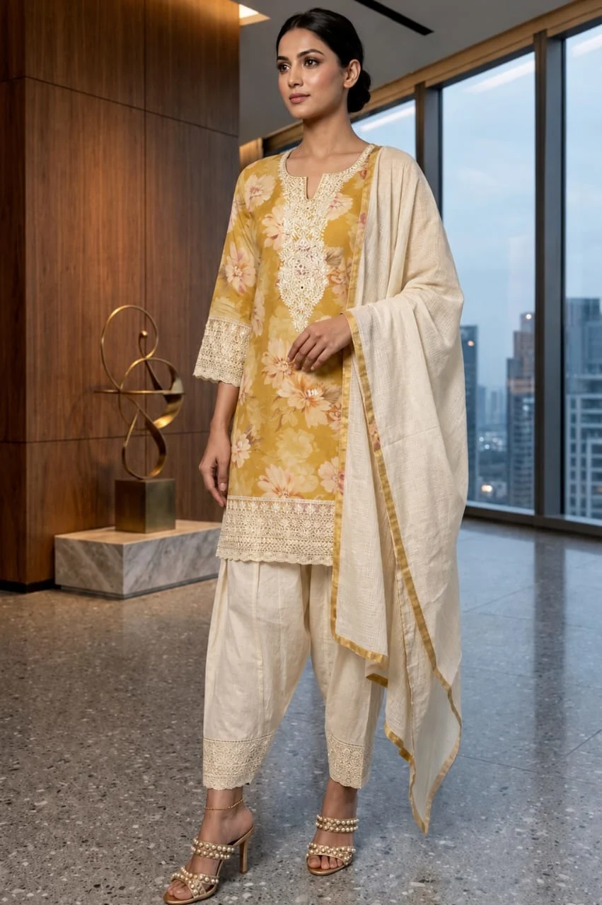 Floral Elegance Printed Embroidered 3-Piece Kurta Set with Dupatta