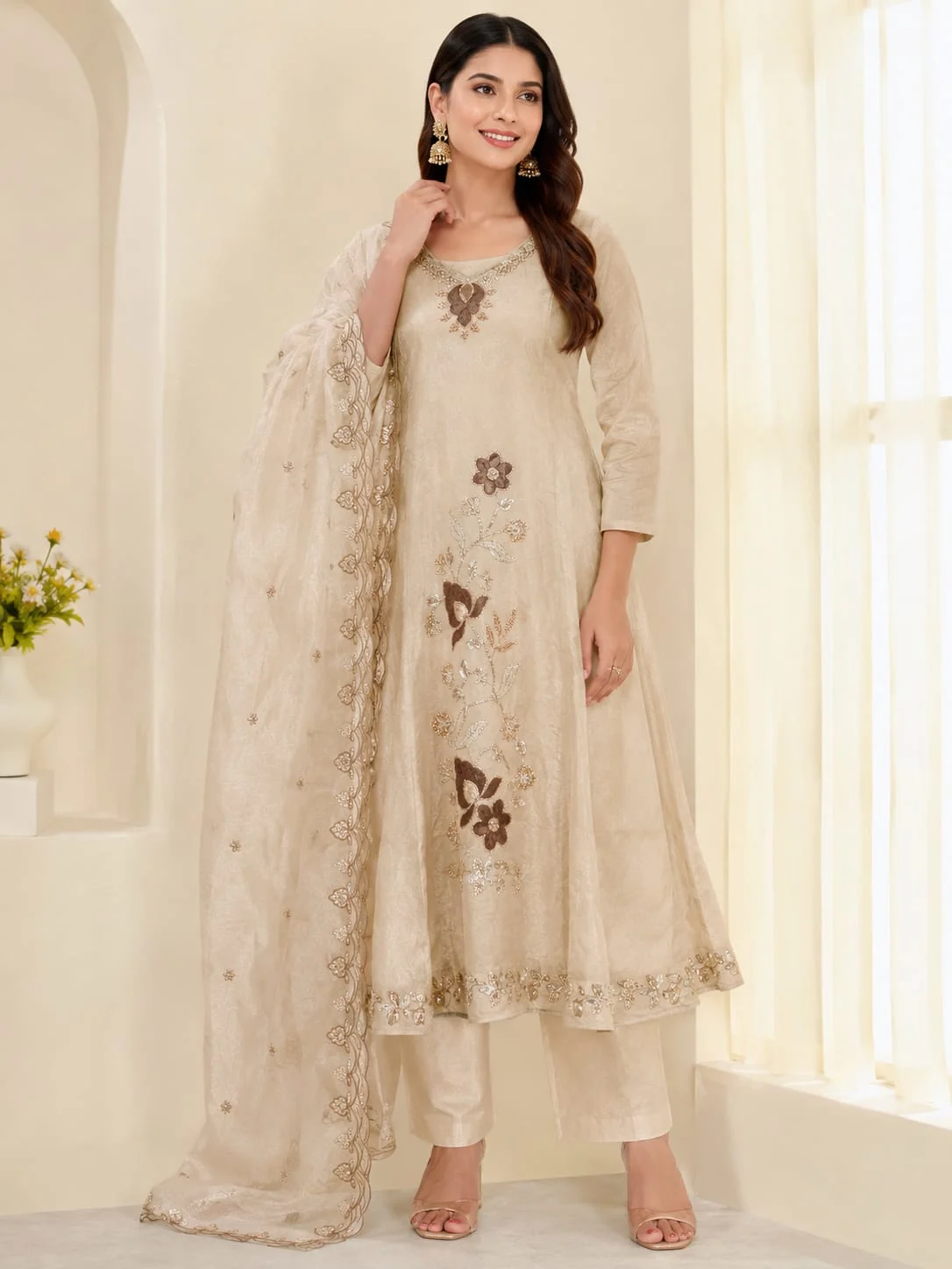 Elegant Beige Floral Embroidered Anarkali Suit Set