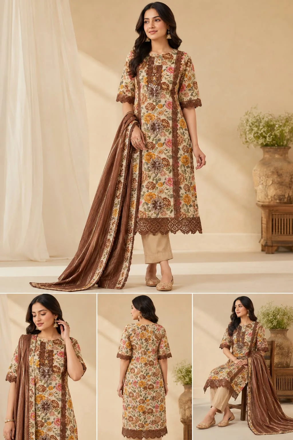 Floral Lace Embellished 3-Piece Suit Set
