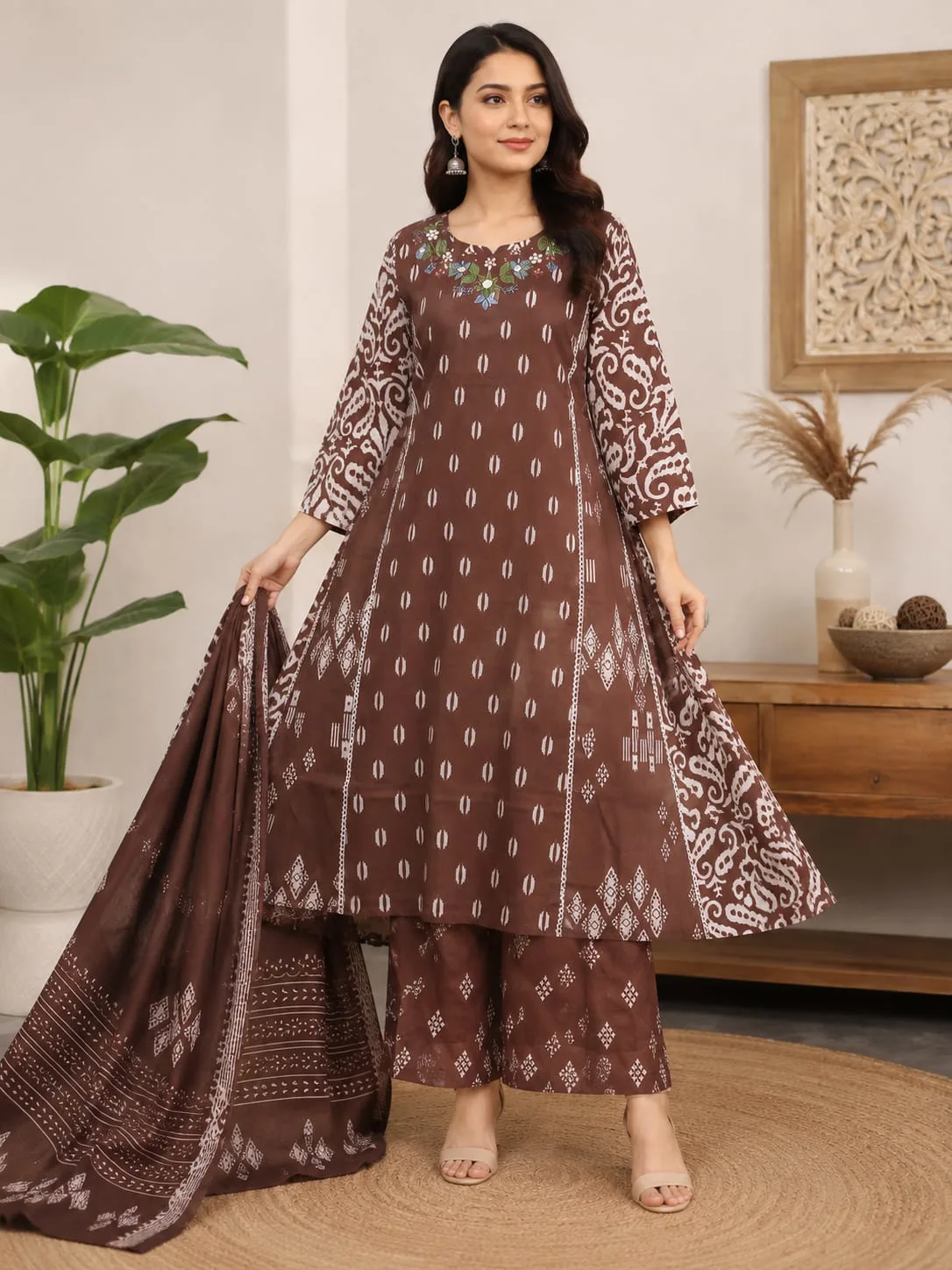 Naznin Floral Panel Print Flared Kurta Set