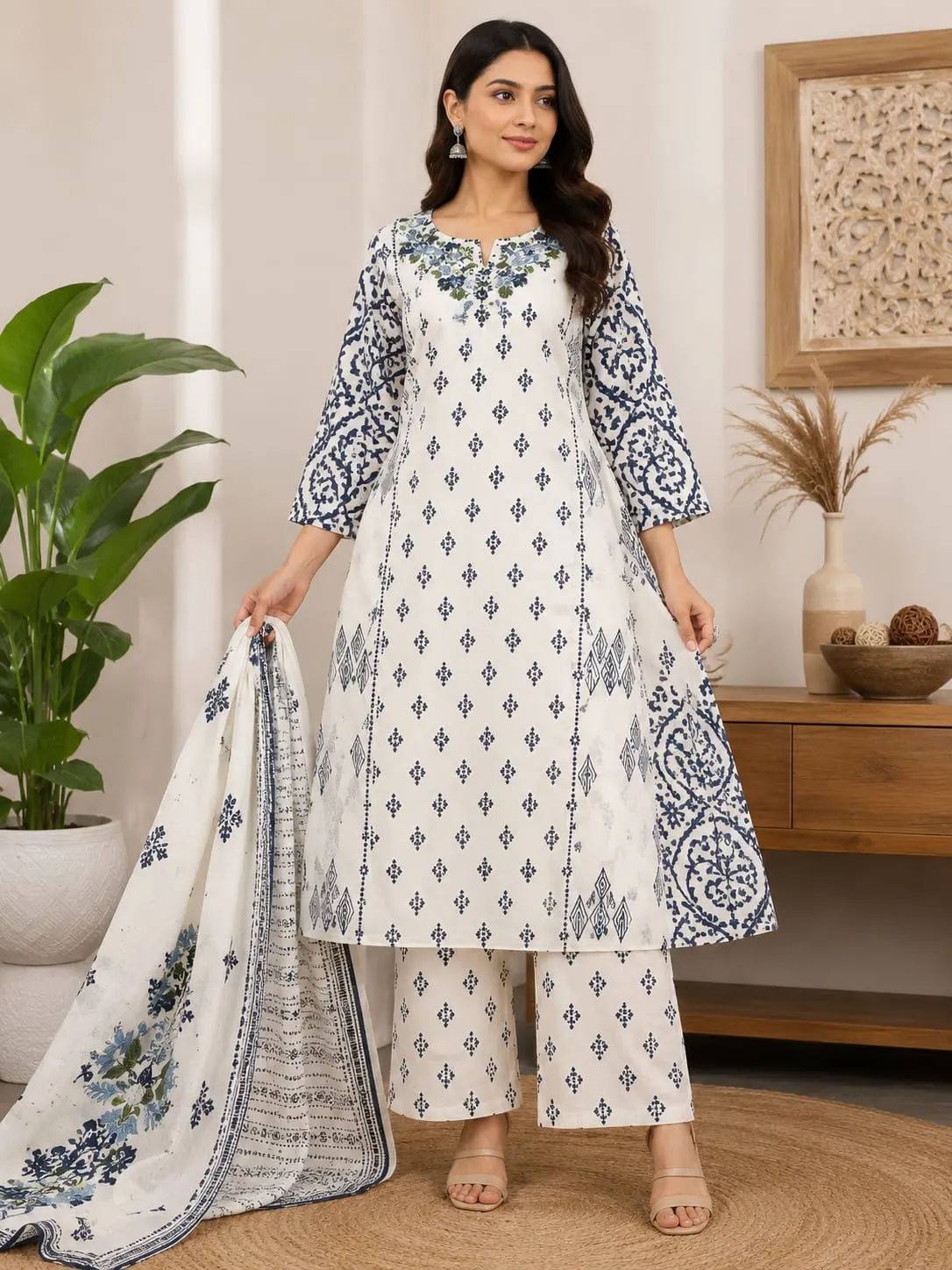 Inayat Weaves Floral Panel Print Flared Kurta Set