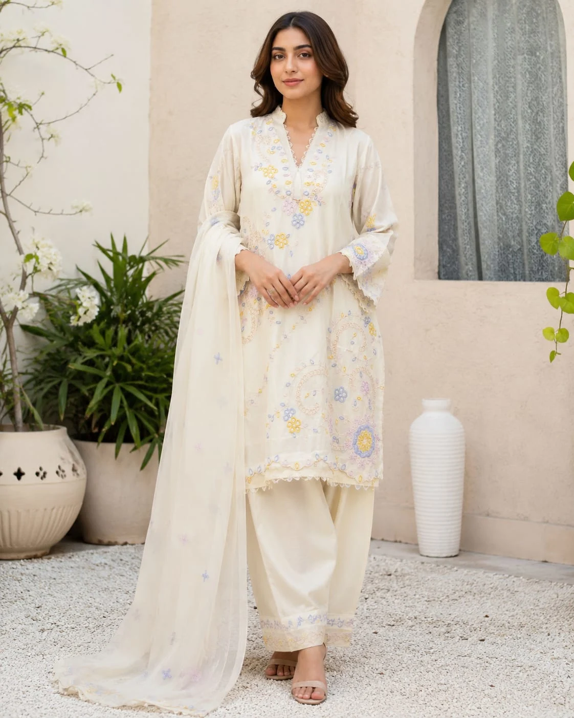 Pastel Floral Embroidered Cotton Suit Set